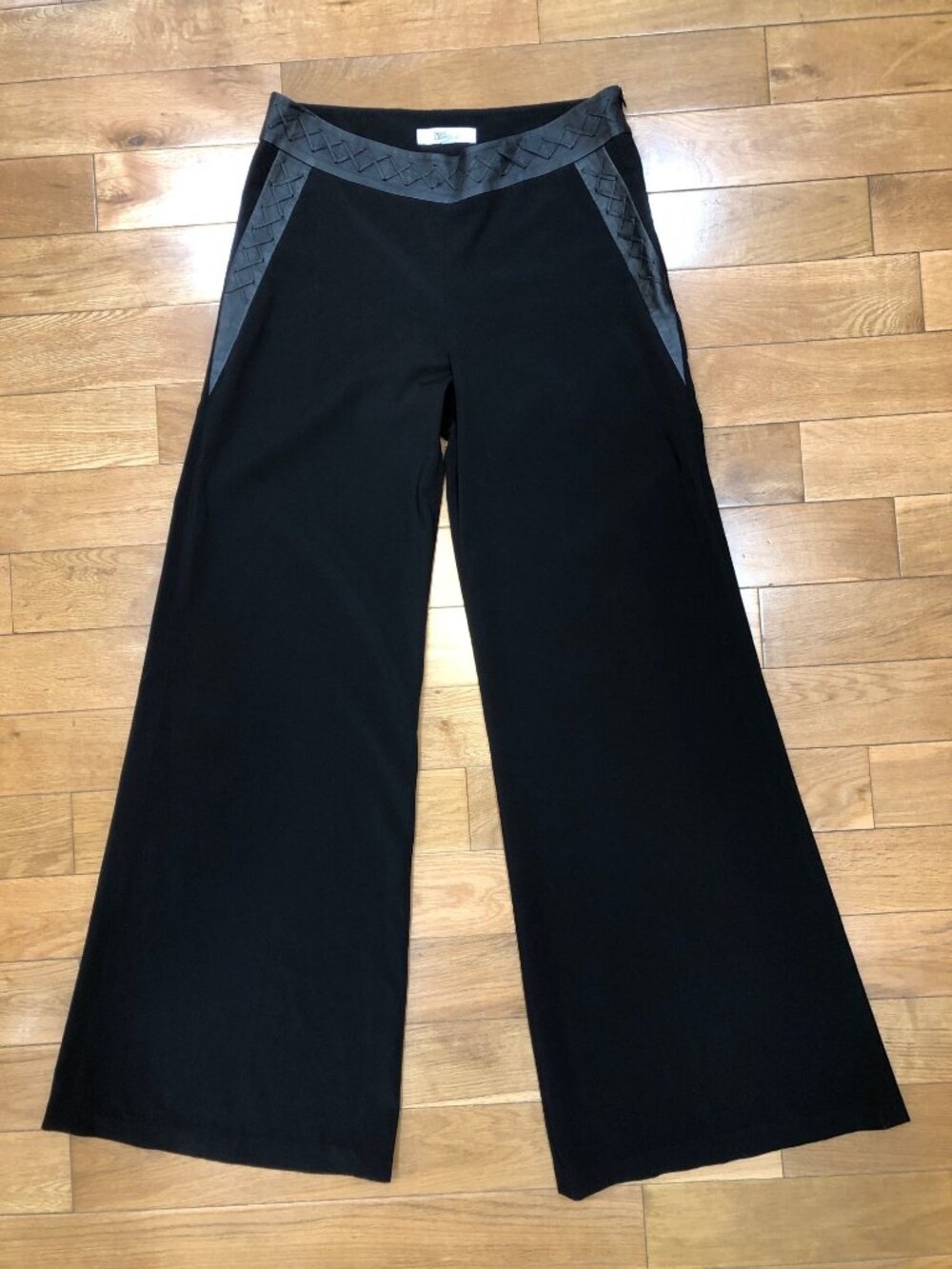 My Tribe Wide Leg Black Stretch Comfort Trousers with Genuine Leather Trim Sz 4
